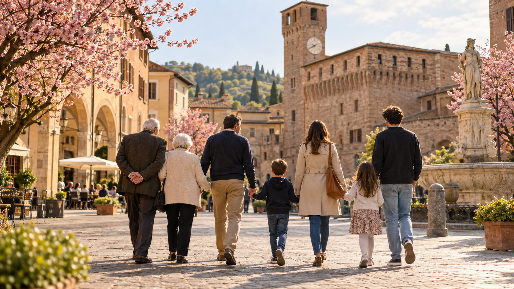 Famiglia di più generazioni passeggia nel centro storico di Vignola tra alberi fioriti