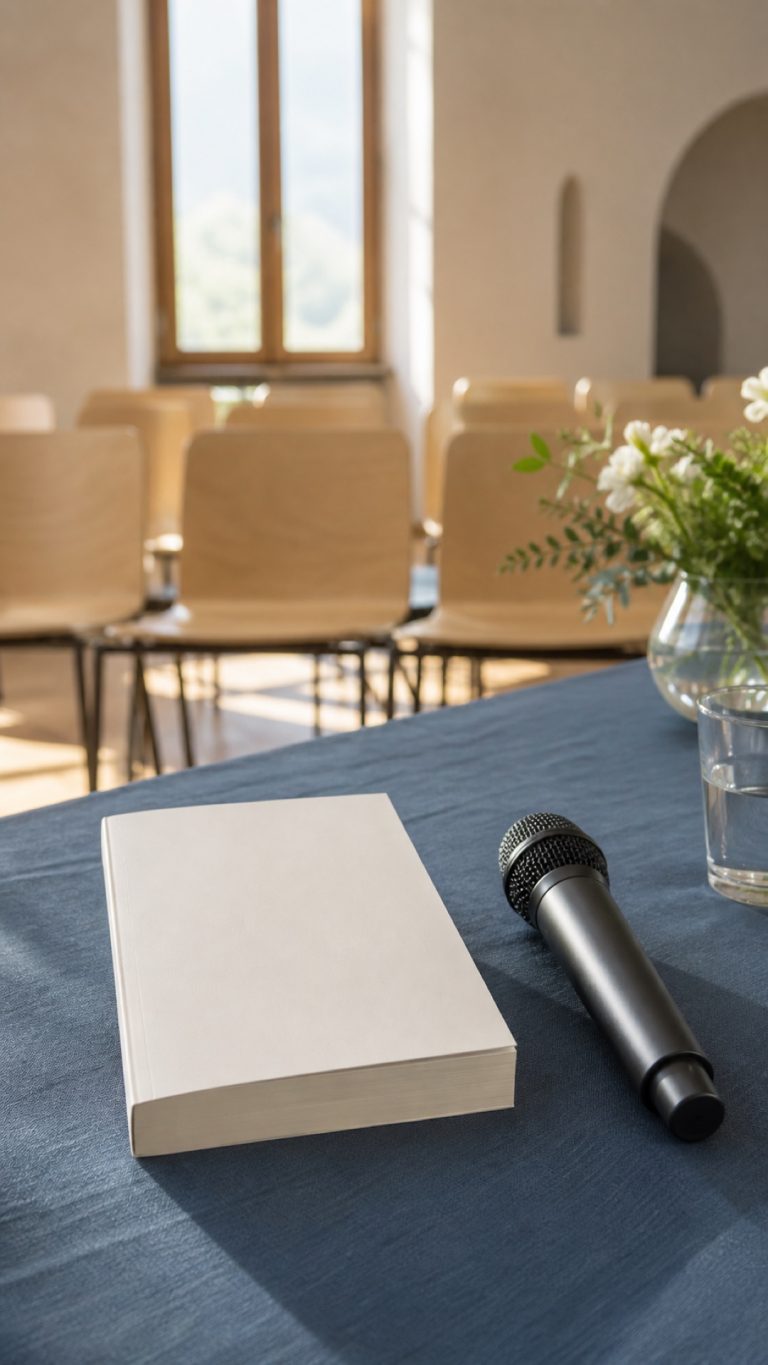Libro contemporaneo e microfono pronti per una presentazione